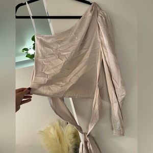 Superdown silver satin one sleeve long sleeve side tie blouse